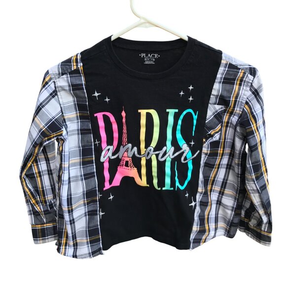 Upcycled Girl’s Cotton Plaid Tee: Oversized Paris Graphic T-Shirt, Child's 8-12 - Picture 1 of 7